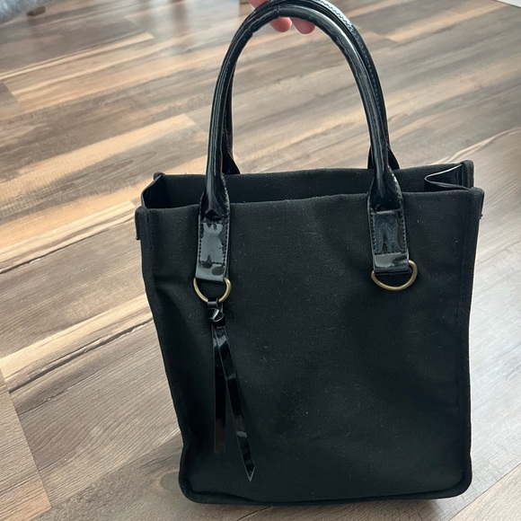 Vintage Neiman Marcus Black Canvas Patent Leather Double Handle Tote Bag - Picture 8 of 12